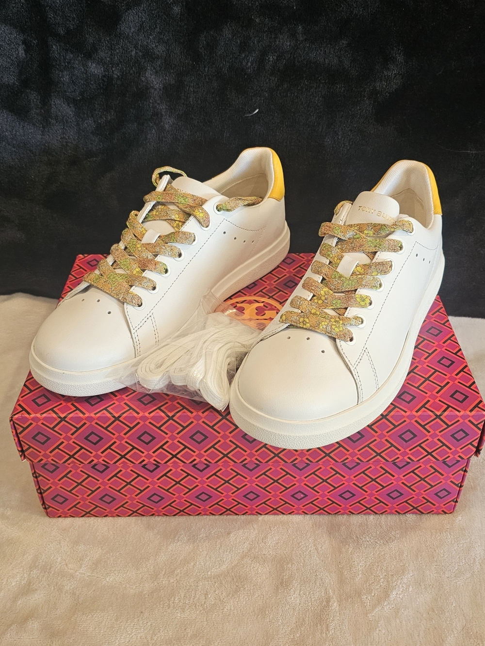 Tory Burch Women's White Leather Low-Top Sneakers with Yellow Heel